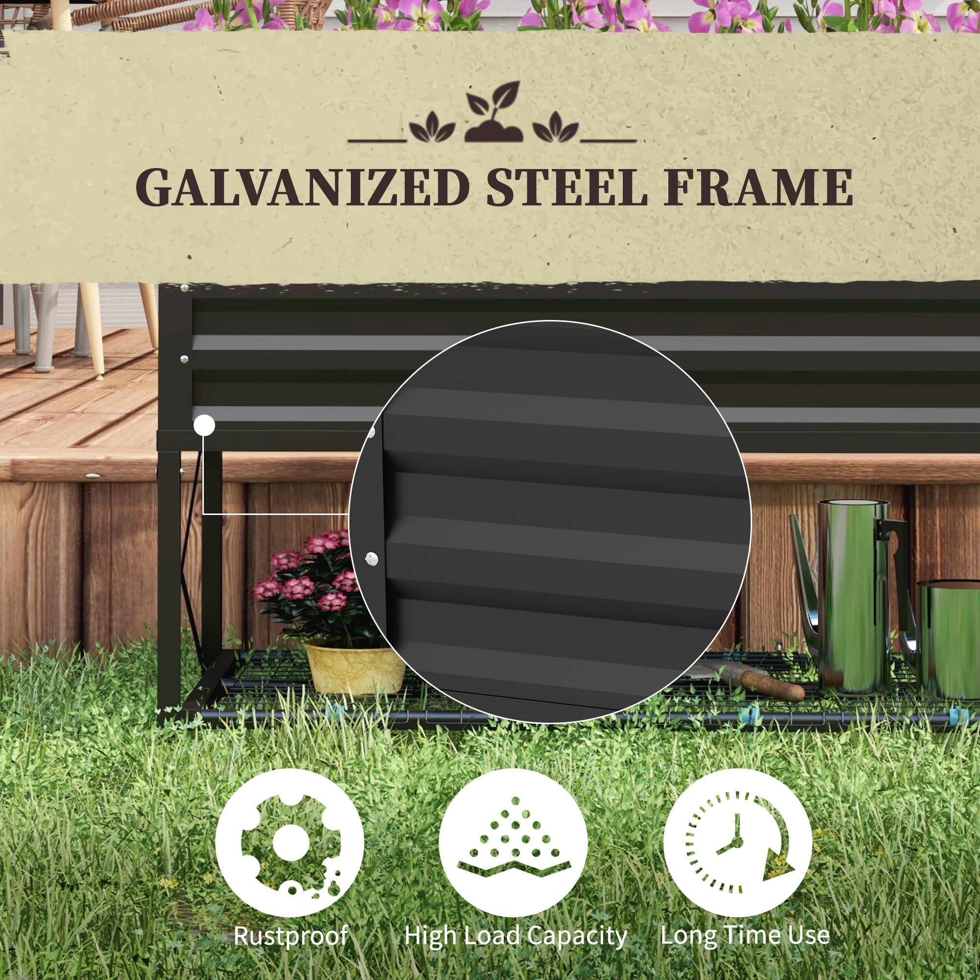 Galvanized Raised Garden Bed, Metal Planter Box with Legs, Storage Shelf and Bed Liner, Black