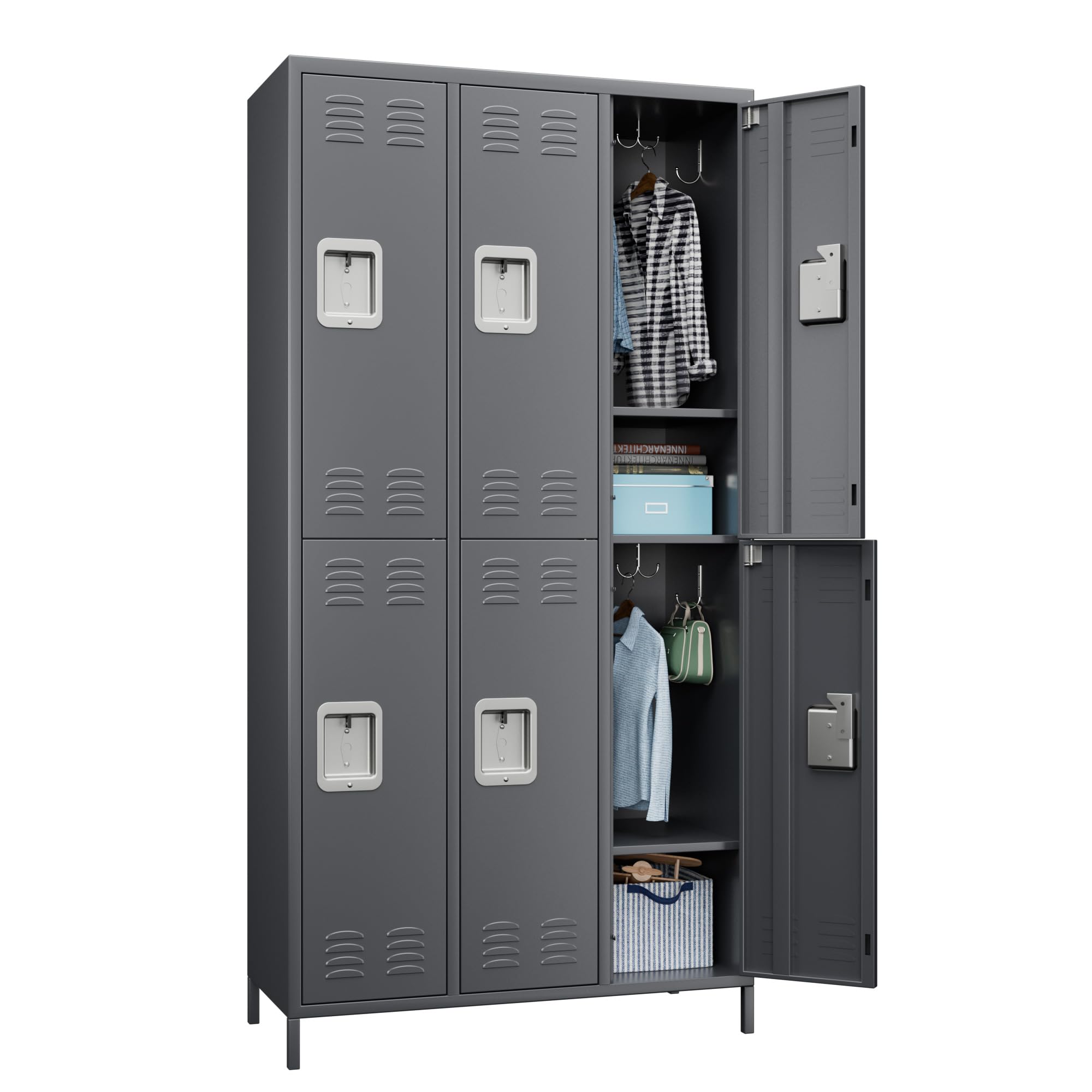 6 Doors Metal Locker With 18 Hooks For School, Assembly Required, Dark Grey