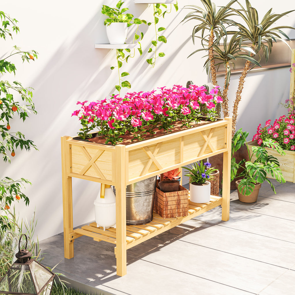 Raised Garden Bed, 47 x 22 x 31.5 in. Elevated Wood Planter Box with Storage Shelf, Drainage Holes, and Liner, Natural