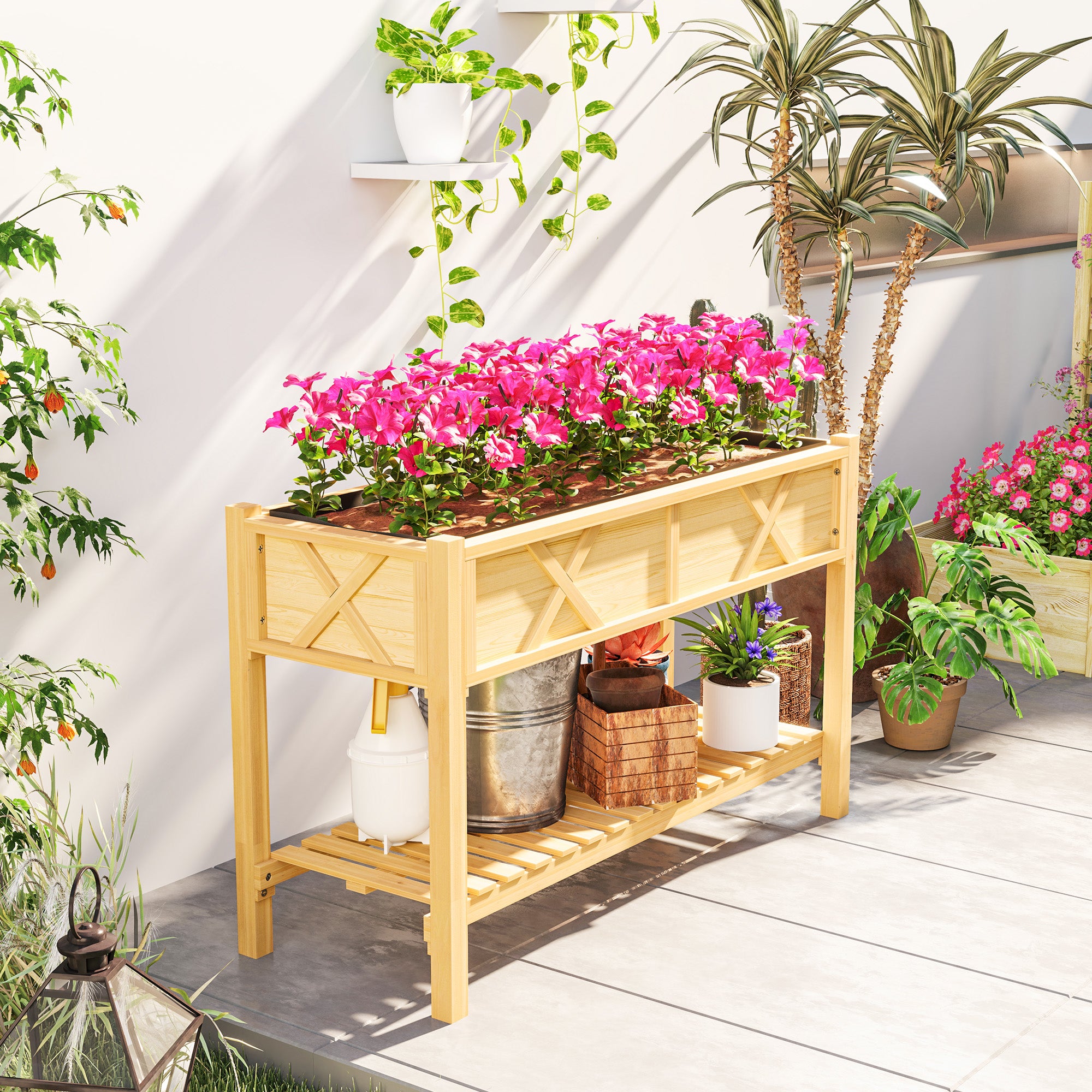 Raised Garden Bed, 47 x 22 x 31.5 in. Elevated Wood Planter Box with Storage Shelf, Drainage Holes, and Liner, Natural