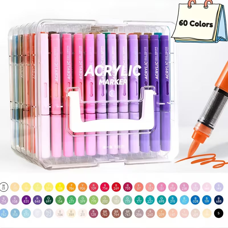 60-Color Acrylic Marker Set Liquid-Filled, Soft-Tip Art Brushes