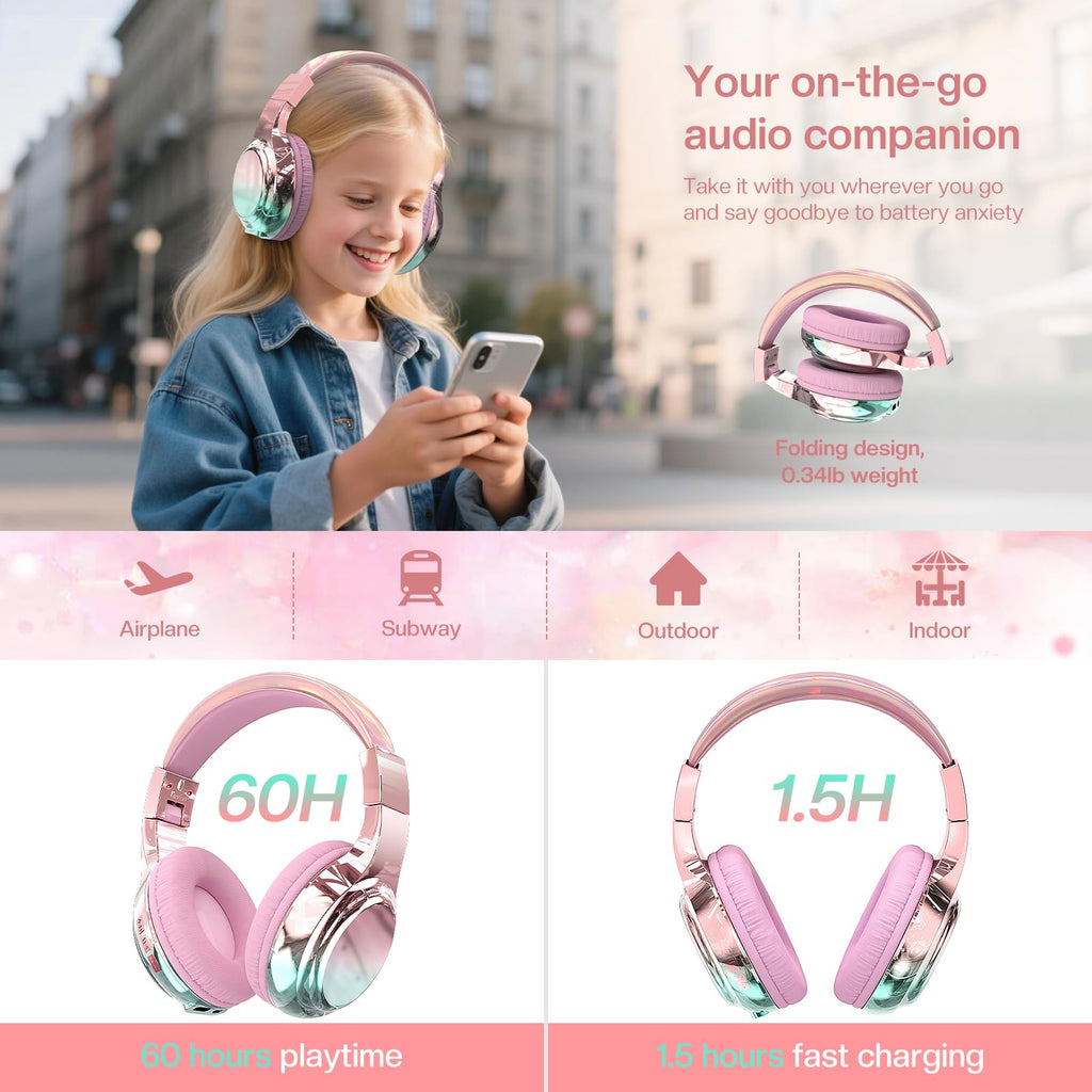 Pink Kids Bluetooth Headphones, 60H Playtime, 74/85/94dB Volume Limit