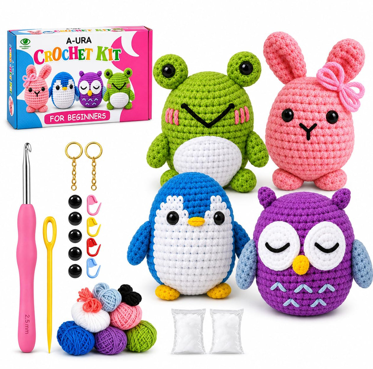 A-URA 3-in-1 Learn to Crochet Kit for Beginners Kids and Adults, Premium Pattern Sunflower, Panda Cactus, Hanging Pot Plant Beginner Crochet Kits with Easy Tube Yarn (4, Animal Pattern)