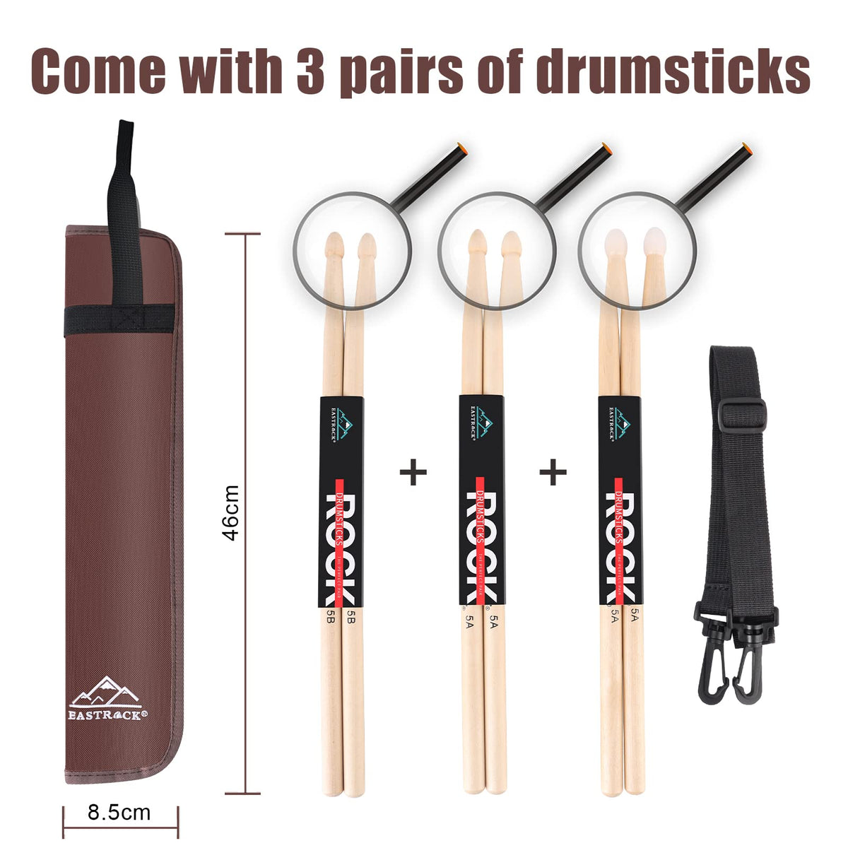 EASTROCK Drum Sticks Bag with 3 Pair Drumsticks, Drumstick Bag with Floor Tom Hook, Carrying Strap (Brown)