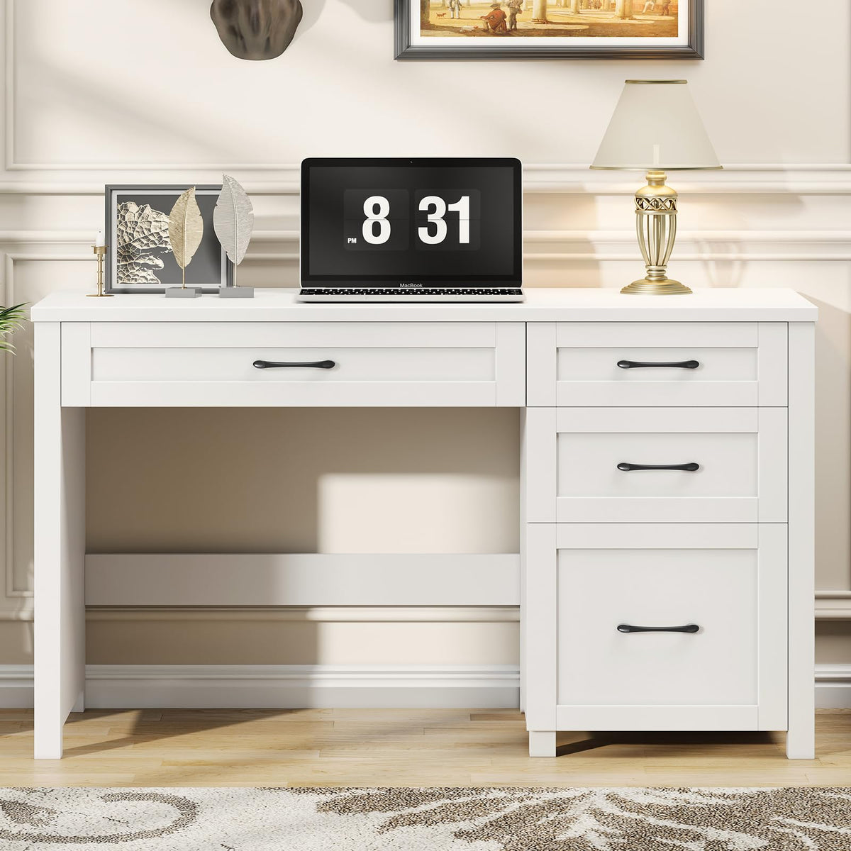 Farmhouse 47" Desk with 4 Drawers, File Drawer and Charging Station, Cream White
