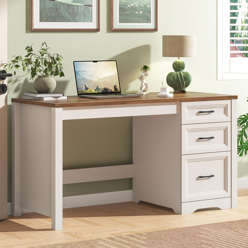 Farmhouse Executive Desk with Drawers, File Drawer, Wood, Brown White