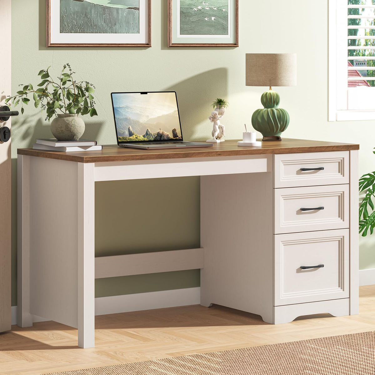 Farmhouse Executive Desk with Drawers, File Drawer, Wood, Brown White