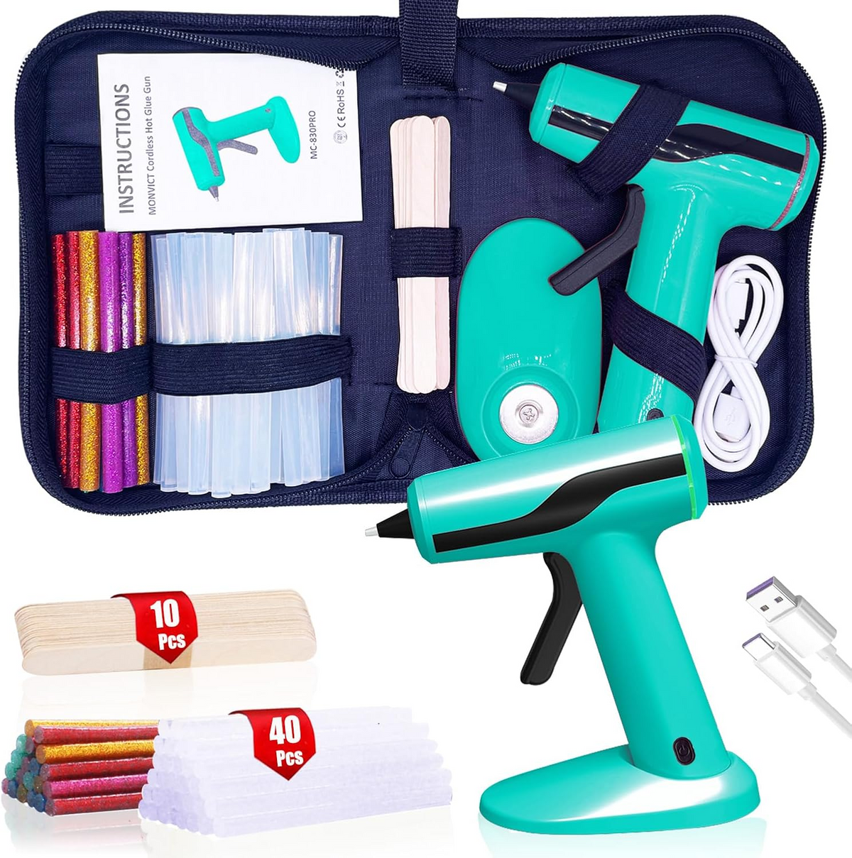 Cordless Hot Melt Glue Gun, Smart Power-Off with 2.2 Ah Battery White or Green
