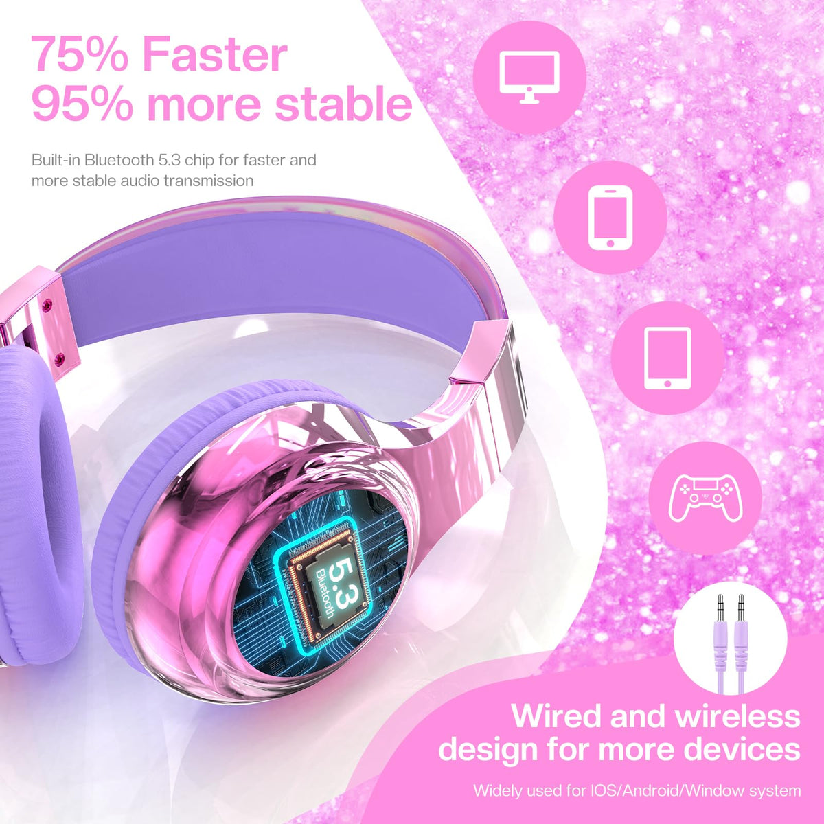 QearFun Kids Bluetooth Headphones, 60H Playtime, 74/85/94dB Volume Limit