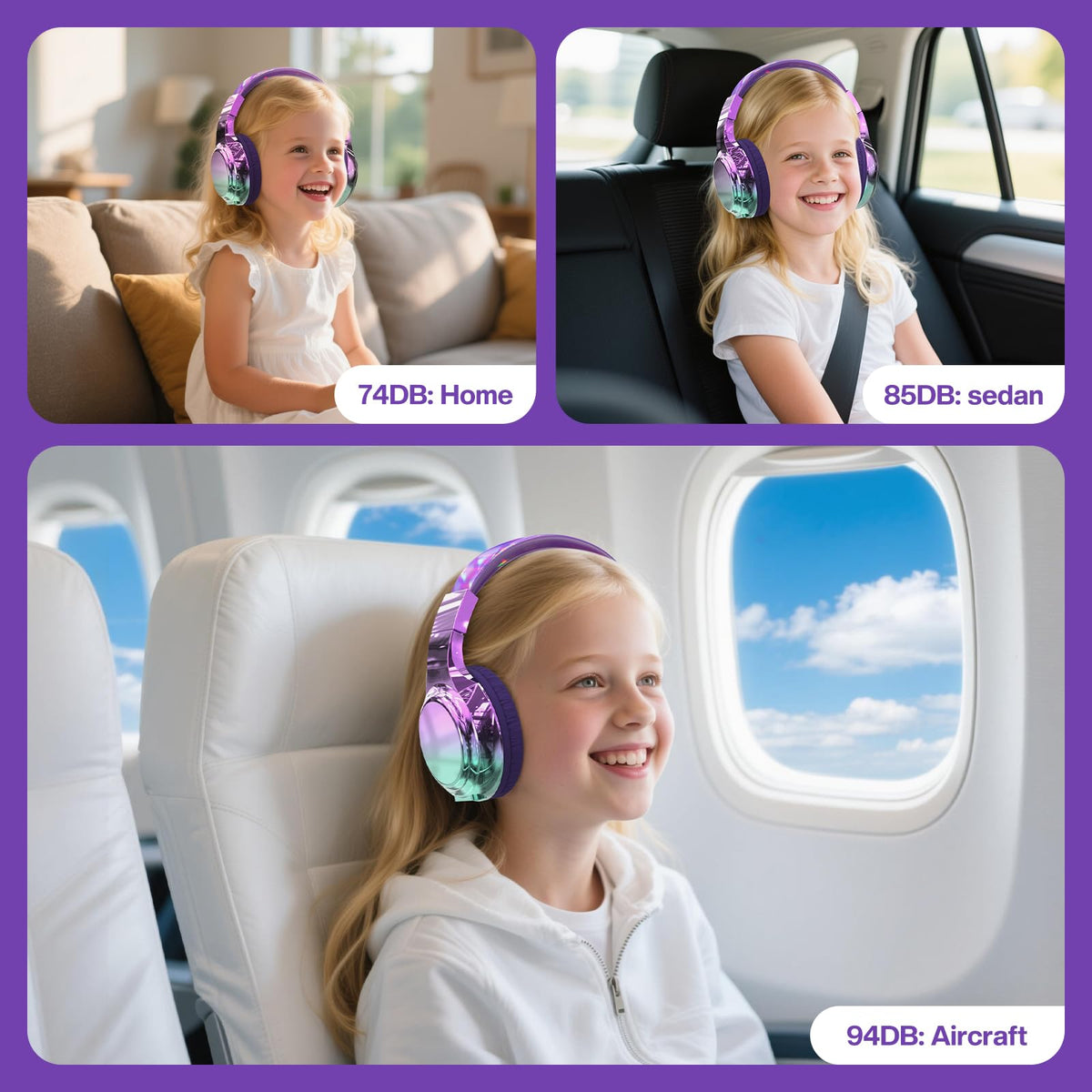 Purple Kids Bluetooth Headphones, 60H Playtime, 74/85/94dB Volume Limit