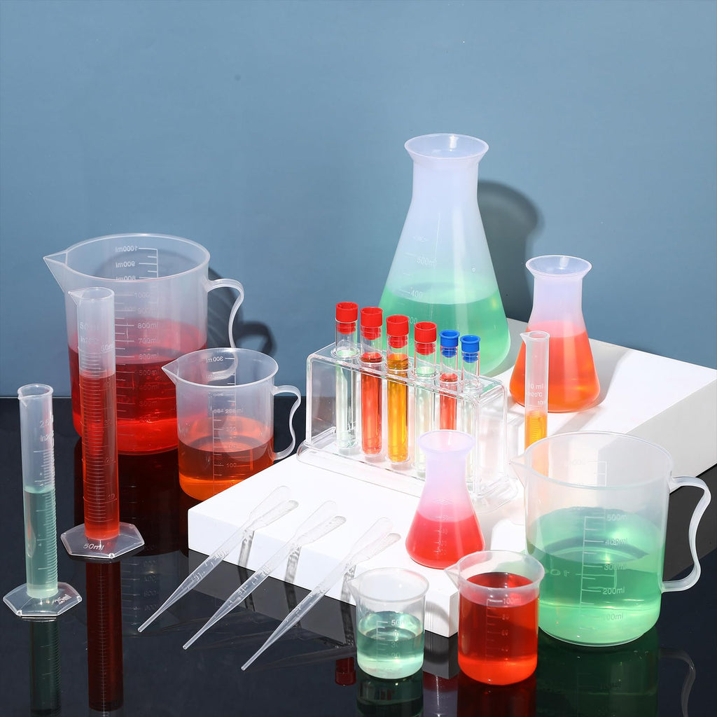 28 Pcs Plastic Beakers Test Tubes with Graduated Cylinder Flask