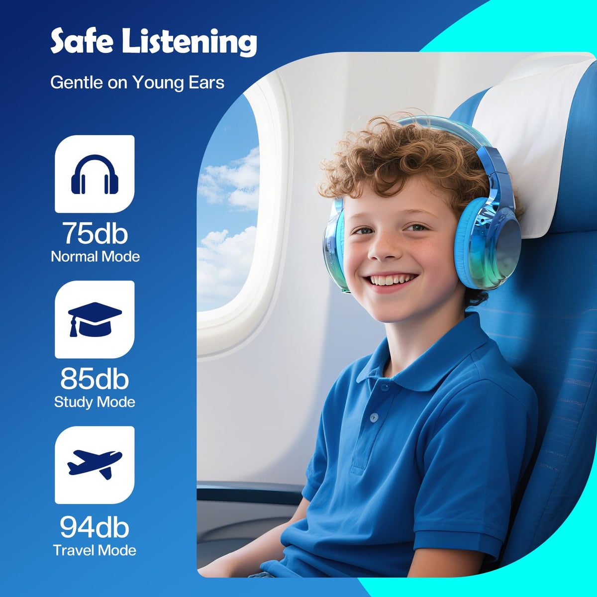 Blue Kids Bluetooth Headphones, 60H Playtime, 74/85/94dB Volume Limit