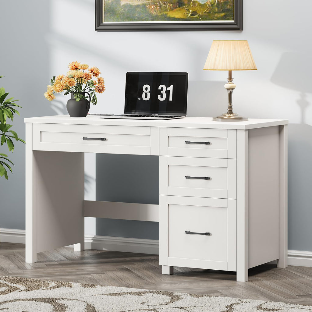 Farmhouse 47" Desk with 4 Drawers, File Drawer and Charging Station, Cream White