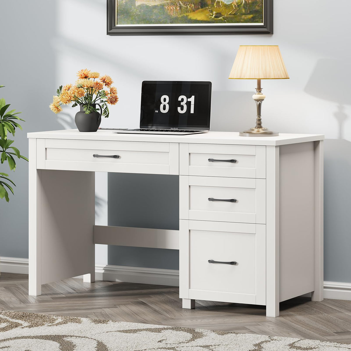 Farmhouse 47" Desk with 4 Drawers, File Drawer and Charging Station, Cream White
