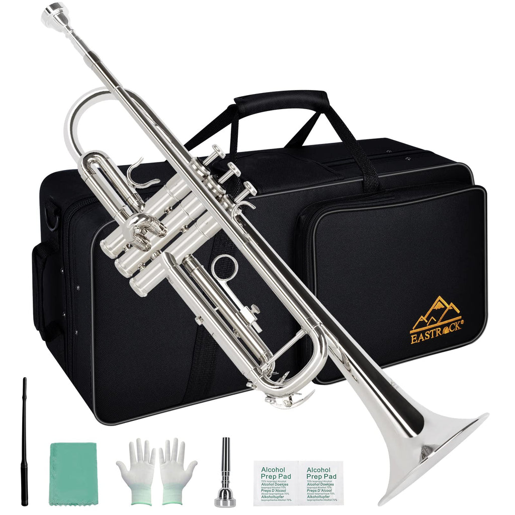 EASTROCK Bb Trumpet Standard Trumpet Set with Carrying Case,Gloves, 7C Mouthpiece and Cleaning Kit (Nickel Plated)