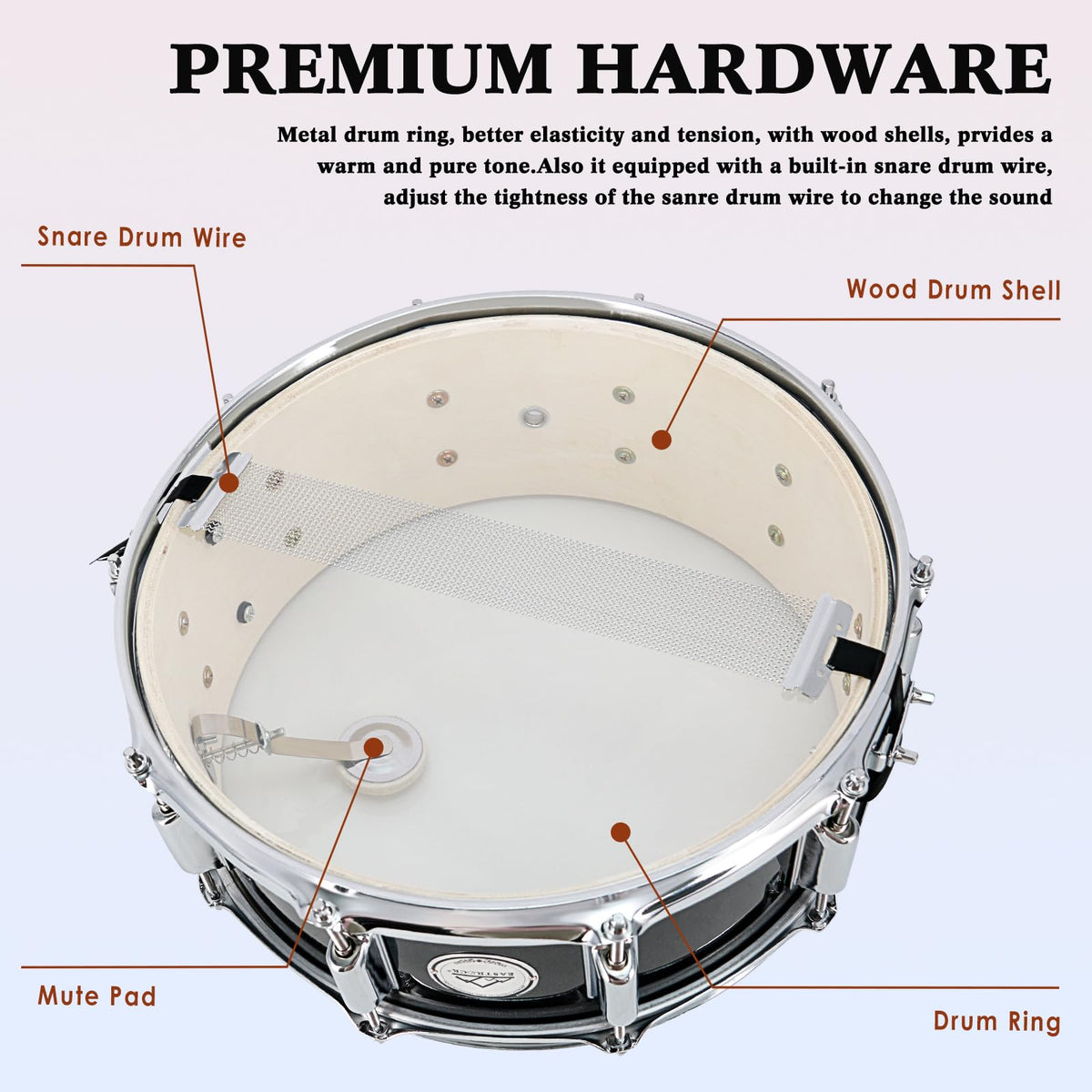 EASTROCK Snare Drum Set 14X5.5 Inches with stand for Student-Black