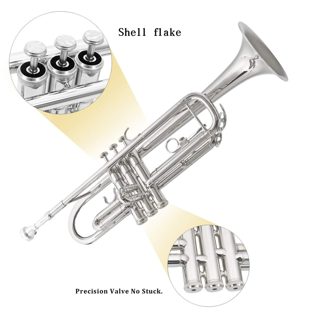 EASTROCK Bb Trumpet Standard Trumpet Set with Carrying Case,Gloves, 7C Mouthpiece and Cleaning Kit (Nickel Plated)
