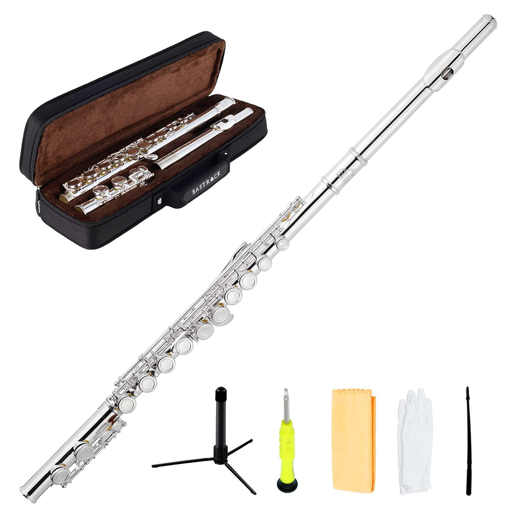 EastRock Closed Hole Flutes C 16 Key for Beginner, Kids, Student Silver Nickel Flute with Case Stand and Cleaning kit