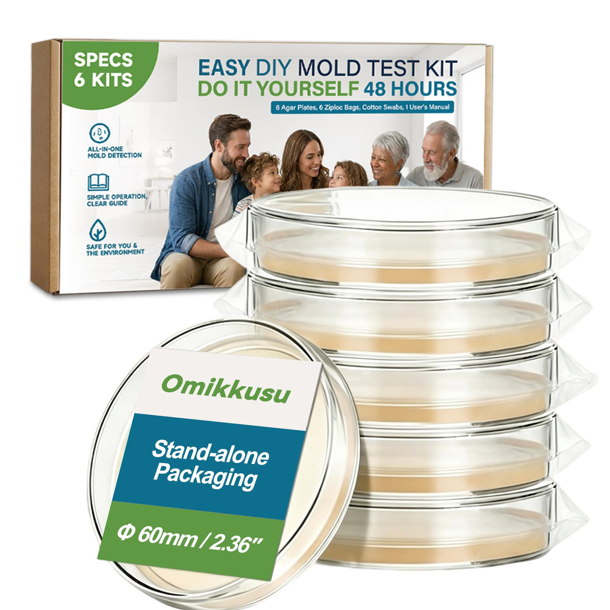 Mold Test Kit - 6 Sterile Pre-Poured Agar Plates Petri Dishes