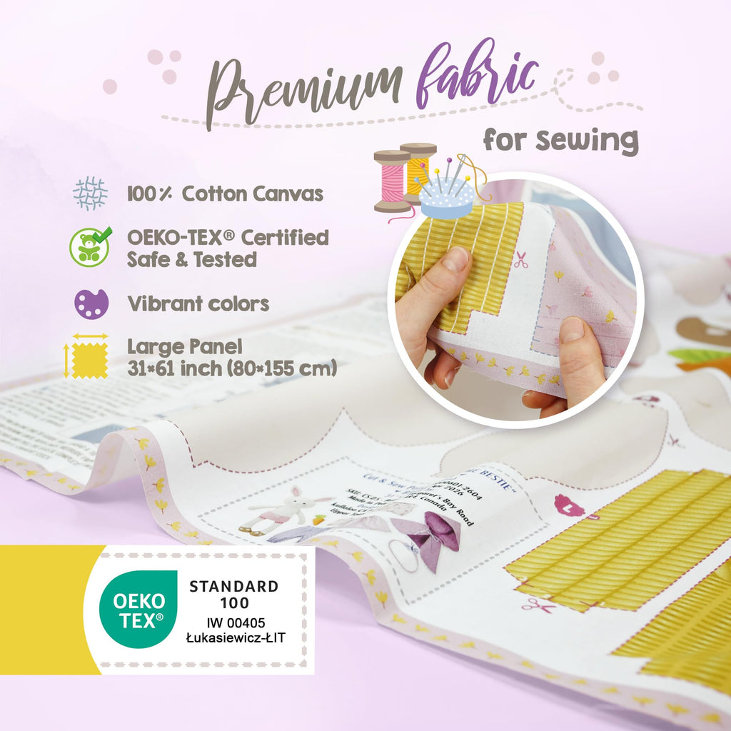 kullaloo - Cut & Sew Fabric Panel for Intermediate Skills - with Video Instructions - Doll Sewing Panel Doll with Clothes: Dress Me Bestie Bibby Bunny