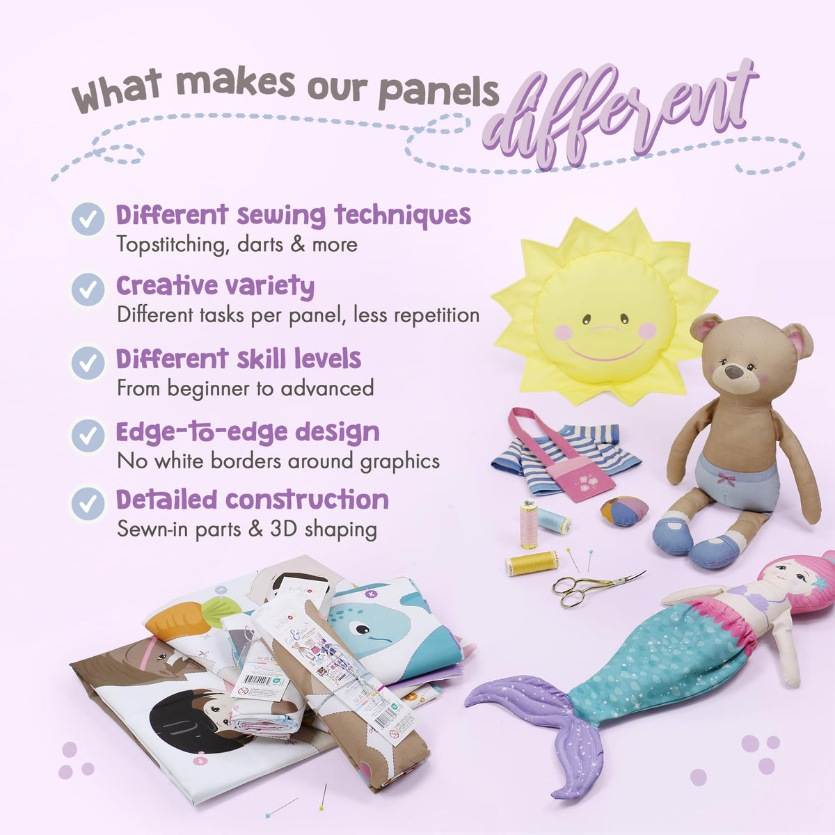 kullaloo - Cut & Sew Fabric Panel for Intermediate Skills - with Video Instructions - Doll Sewing Panel Doll with Clothes: Dress Me Bestie Bibby Bunny