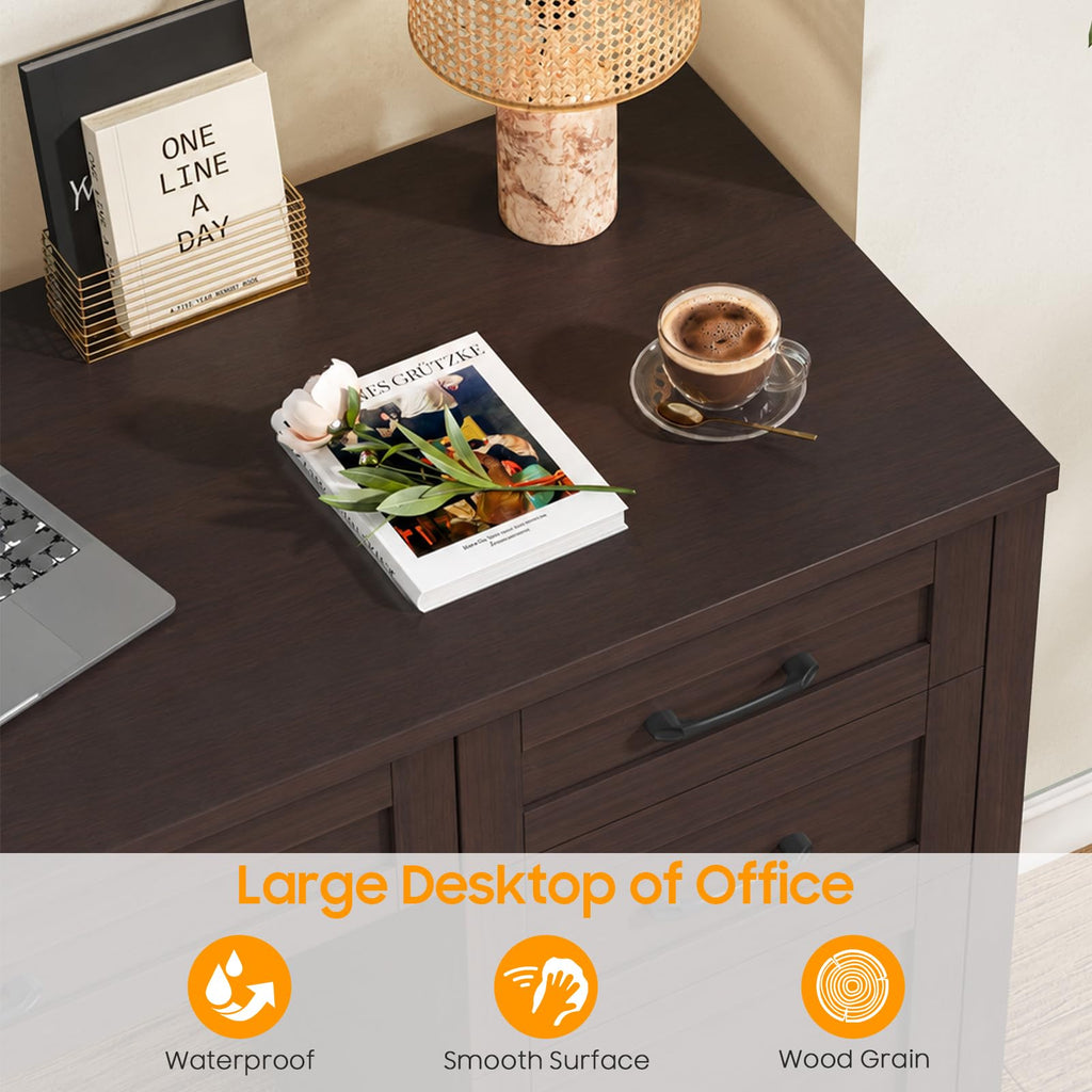 Vabches Farmhouse 47" Computer Desk with Charging Station, File Drawer, Walnut