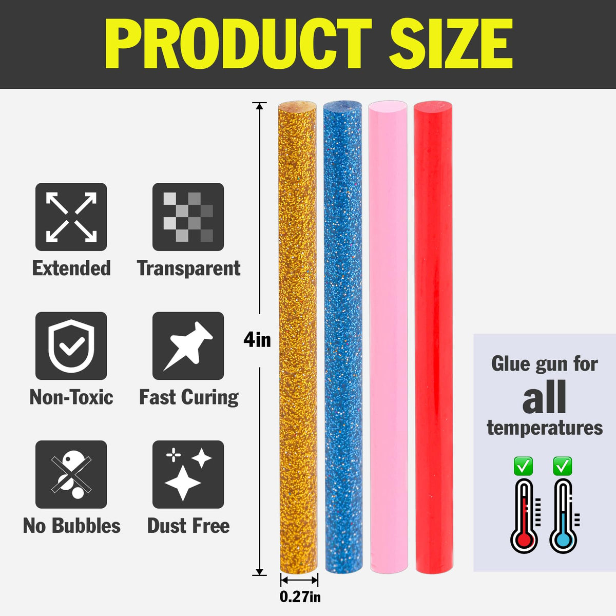 300 Pack Mini Hot Glue Sticks, 4" Long x 0.27" Diameter Colored Mini Hot Glue Sticks, Widely Used in Wood, Metal, Glass, Plastic, Floral, Fabric, Leather, Foam