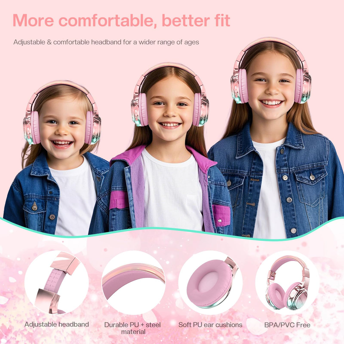 Pink Kids Bluetooth Headphones, 60H Playtime, 74/85/94dB Volume Limit