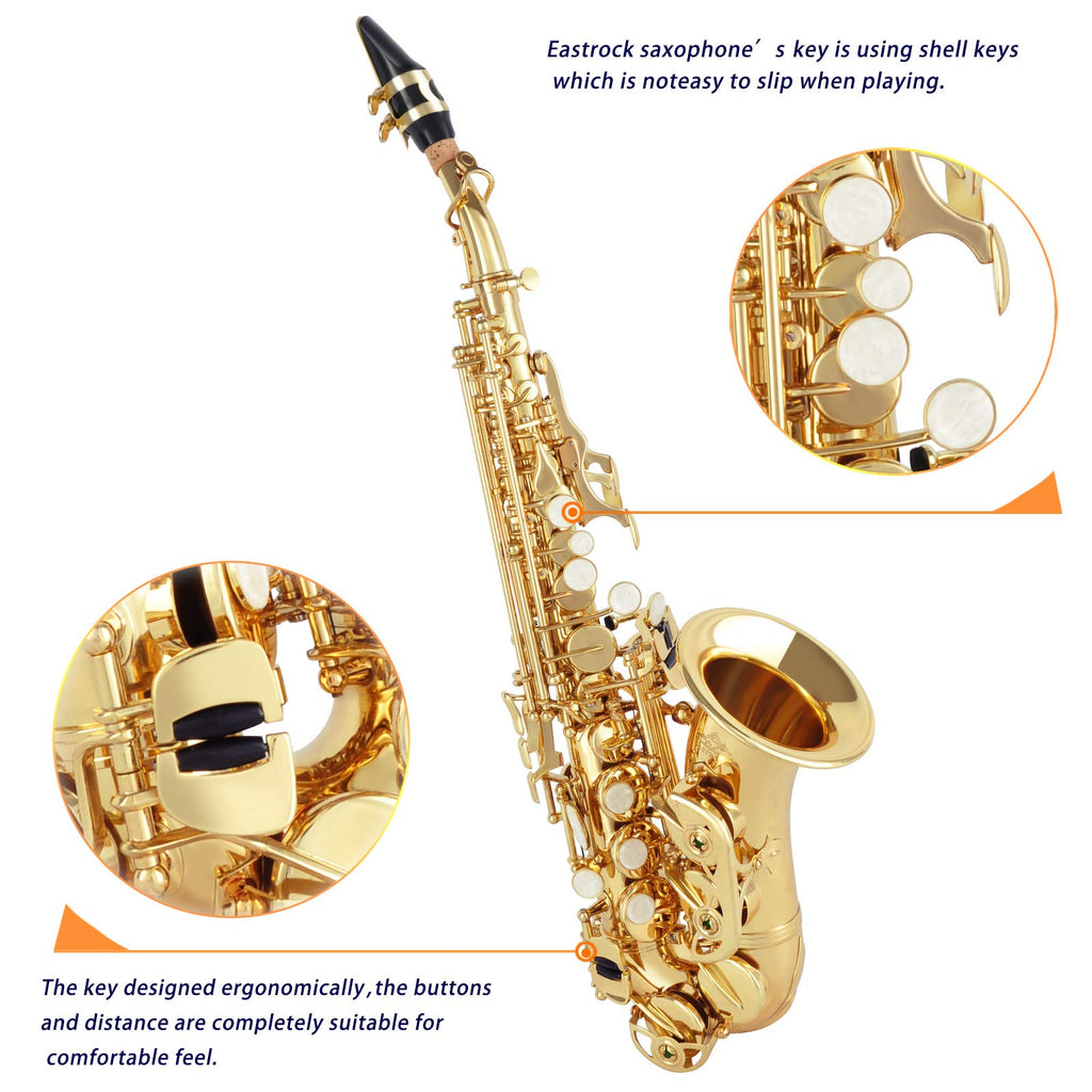EASTROCK Bb Curved Soprano Saxophone Golden for Beginners Students