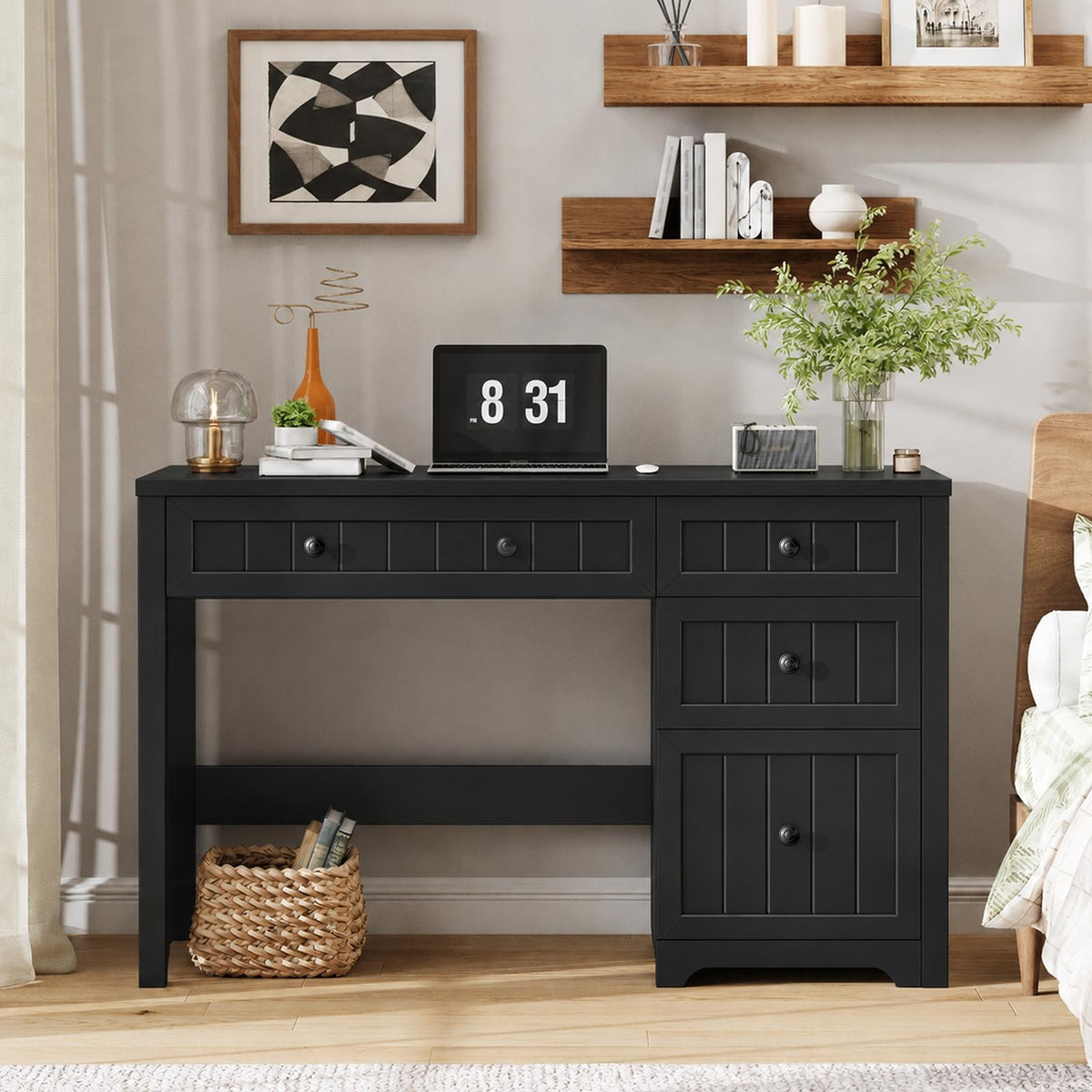 Vabches Farmhouse Desk with 4 Drawers, File Drawer, Wood Computer Desk, Pure Black
