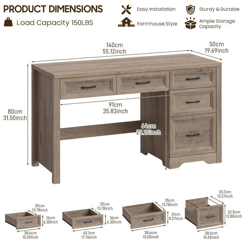 Vabches 55″ Farmhouse Desk with 5 Drawers, Pure Grey