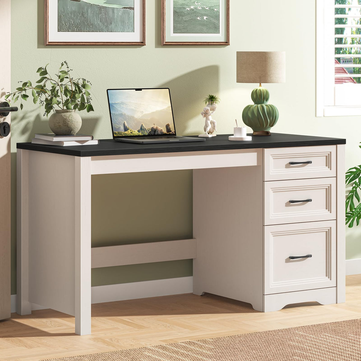 Farmhouse Desk with Drawers, File Drawer, Wood Black White