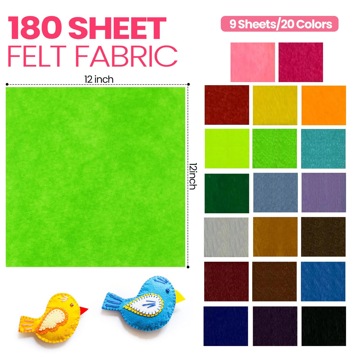 Moukeren 180 Pcs 12 x 12 Inch Felt Sheets for Crafts, Rainbow