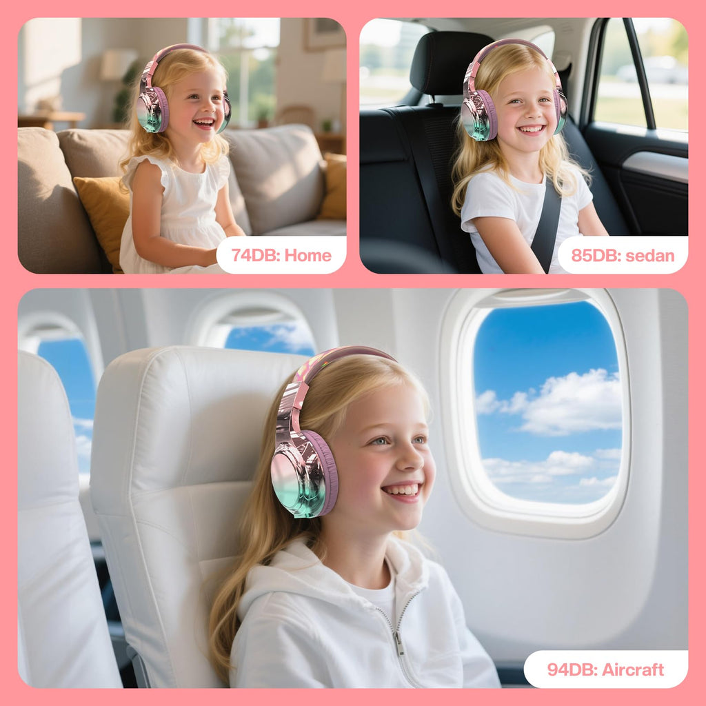 Pink Kids Bluetooth Headphones, 60H Playtime, 74/85/94dB Volume Limit
