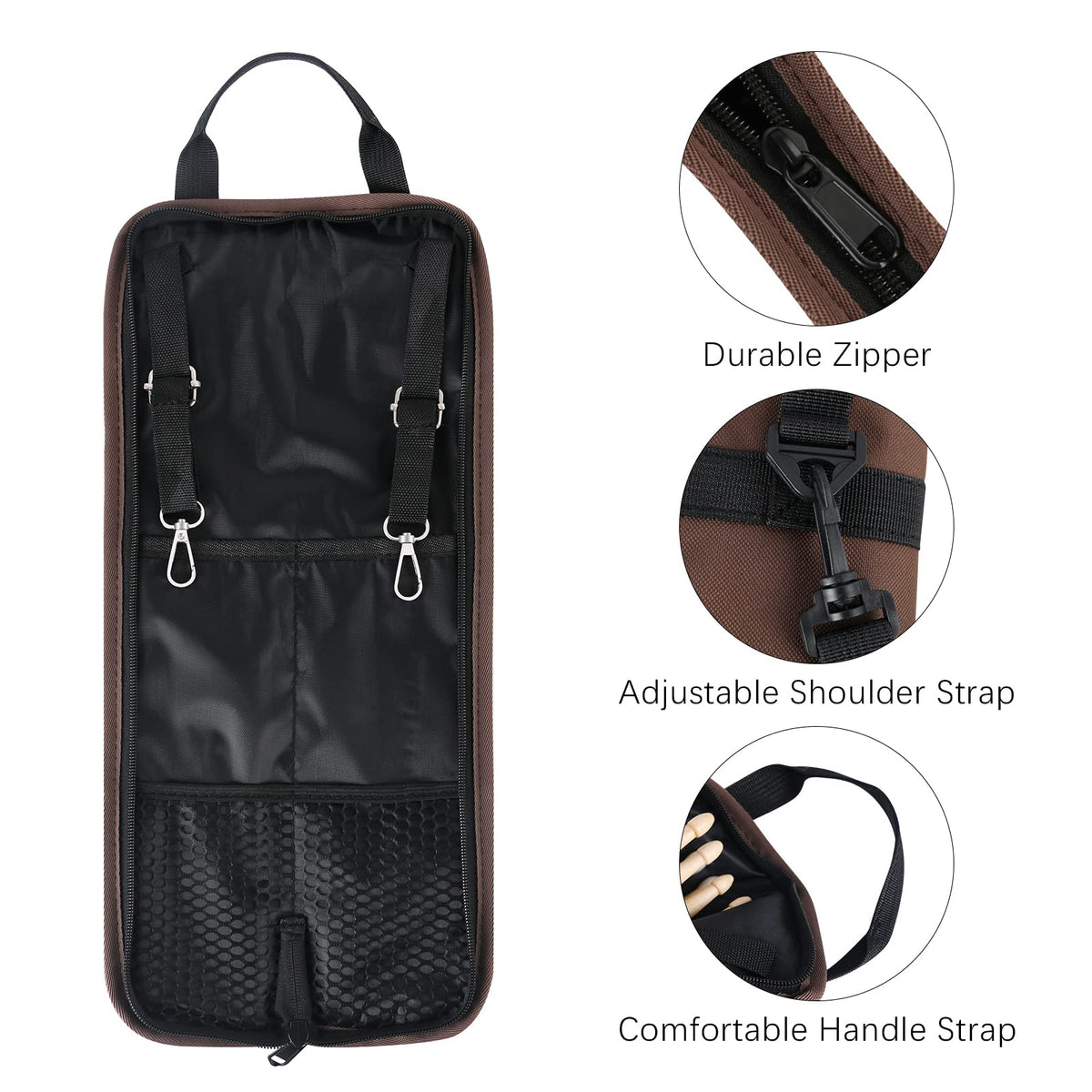 EASTROCK Drum Sticks Bag with 3 Pair Drumsticks, Drumstick Bag with Floor Tom Hook, Carrying Strap (Brown)