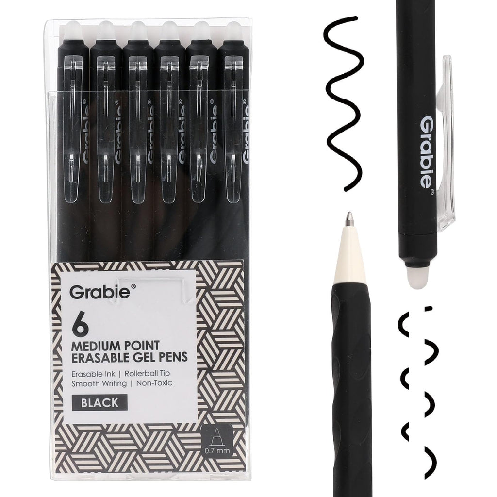 Grabie Erasable Gel Pens, 6 Black 0.7 mm Medium Point Pens