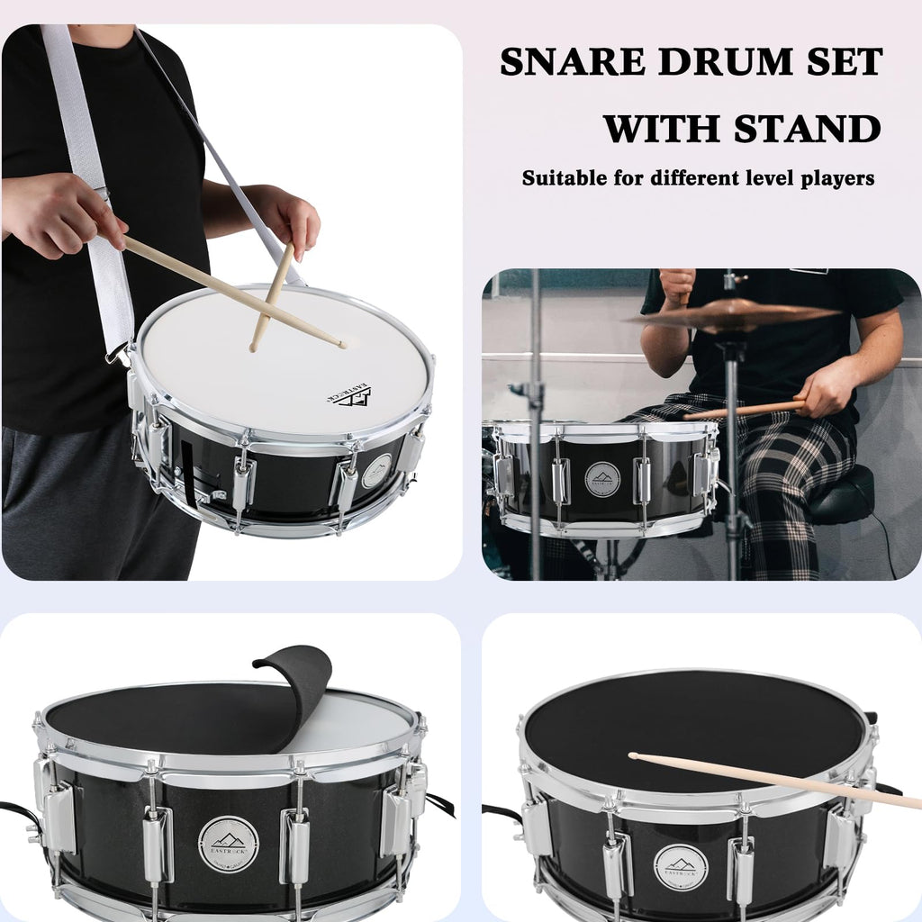 EASTROCK Snare Drum Set 14X5.5 Inches with stand for Student-Black