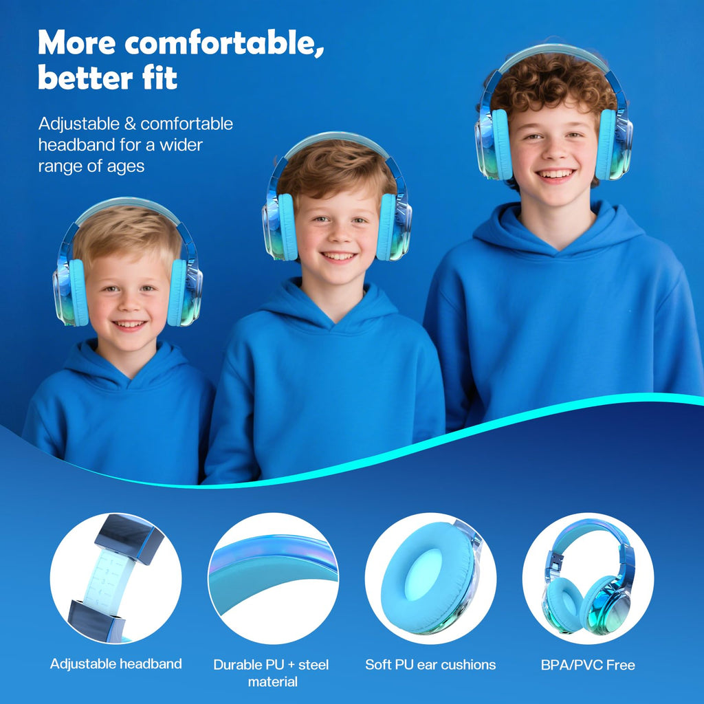 Blue Kids Bluetooth Headphones, 60H Playtime, 74/85/94dB Volume Limit