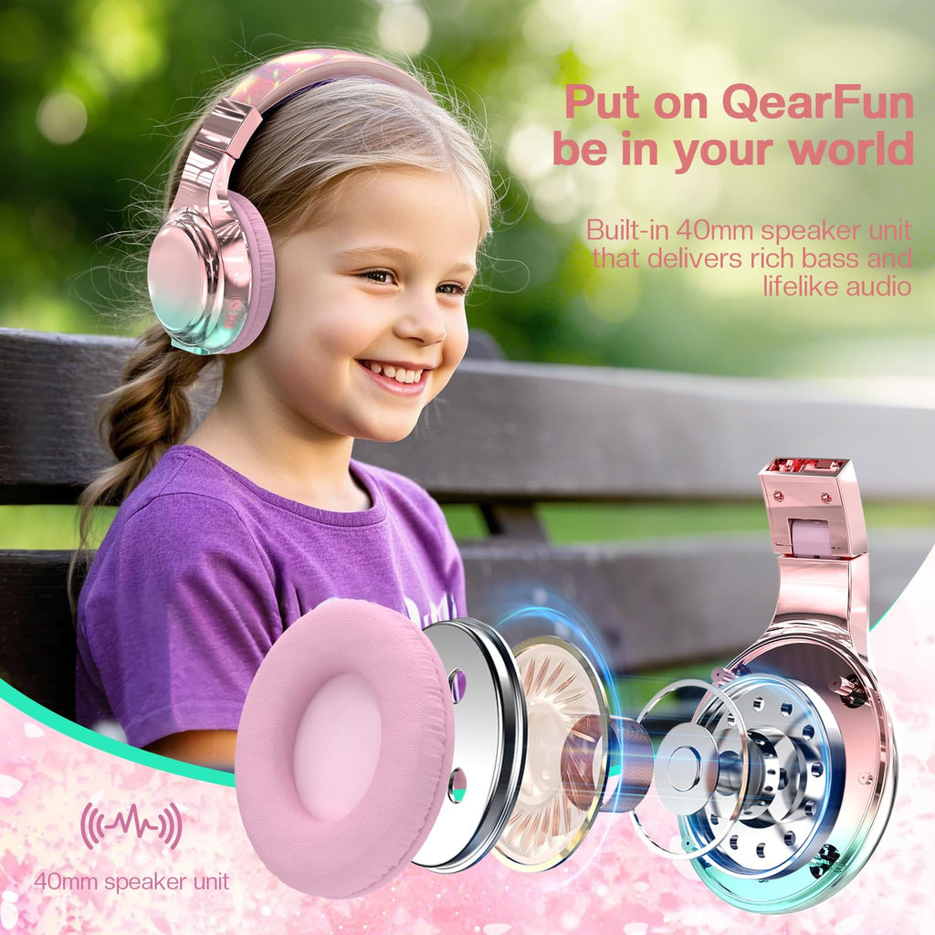 Pink Kids Bluetooth Headphones, 60H Playtime, 74/85/94dB Volume Limit