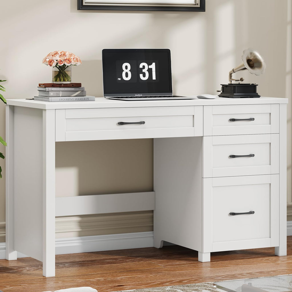 Farmhouse 47" Desk with 4 Drawers, File Drawer and Charging Station, Cream White