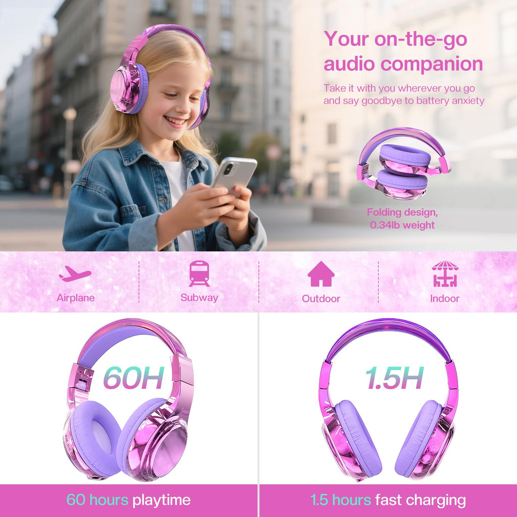 QearFun Kids Bluetooth Headphones, 60H Playtime, 74/85/94dB Volume Limit
