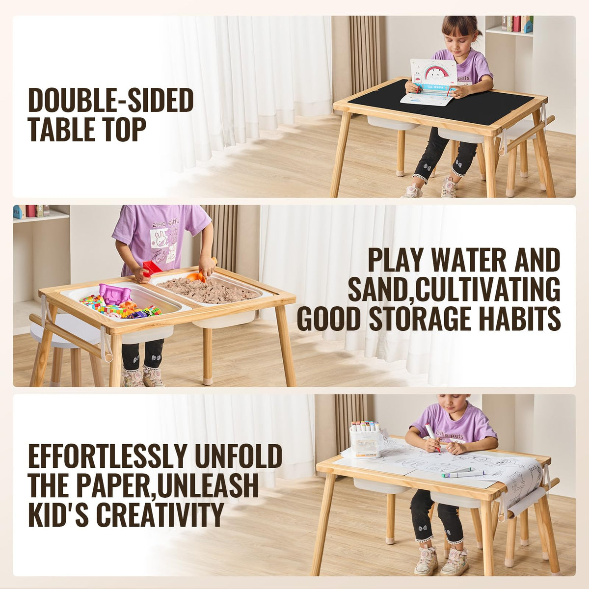 Kids Wooden Sensory Activity Table & 2 Stools