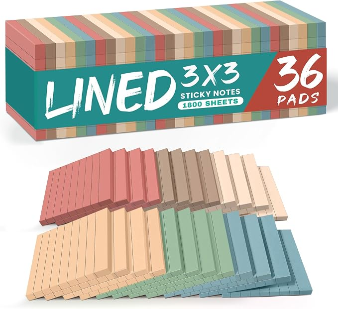 Vintage Lined Sticky Notes, 3 x 3 Inches – 36 Pads, 1,800 Sheets for Student Planning and Organization