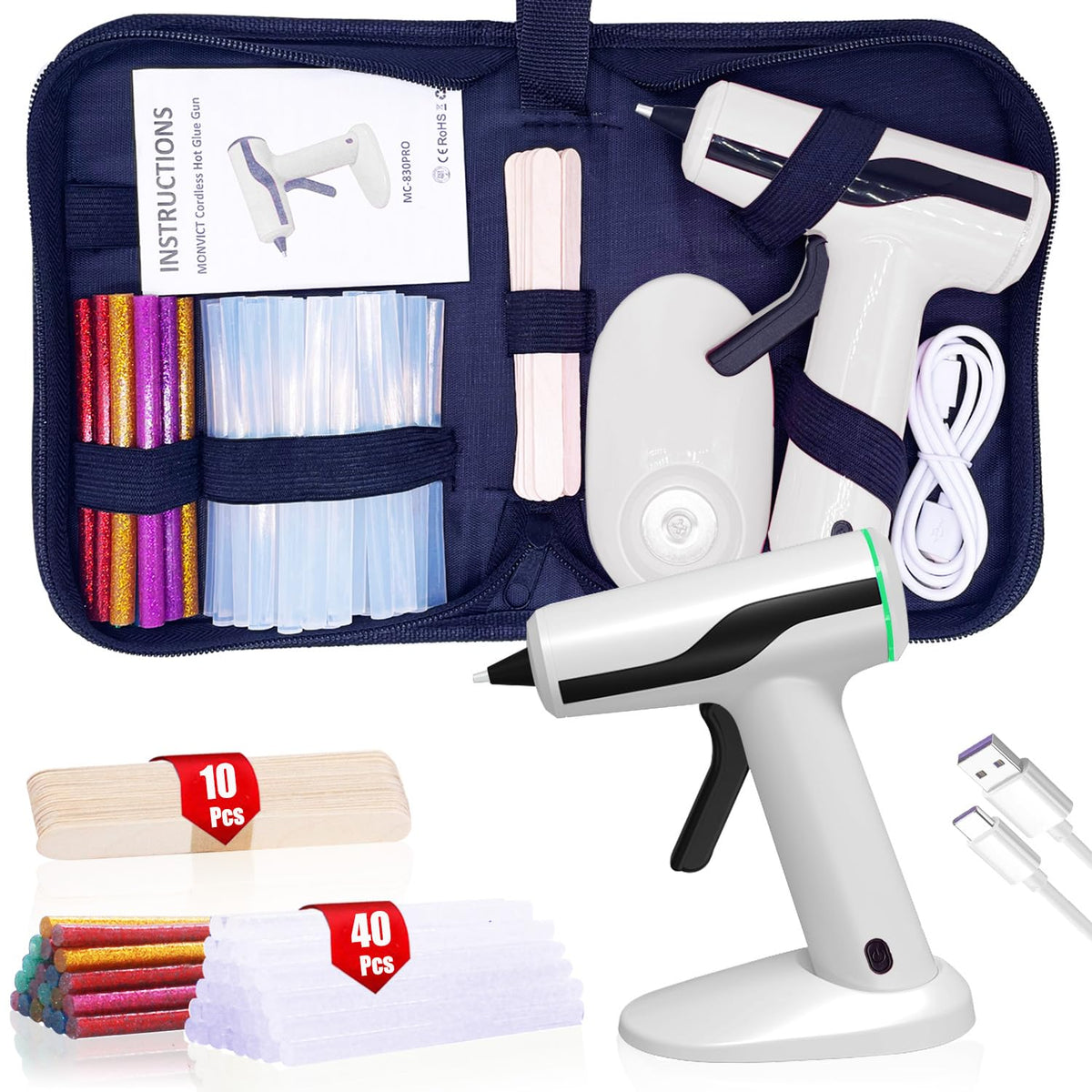 Cordless Hot Melt Glue Gun, Smart Power-Off with 2.2 Ah Battery White or Green