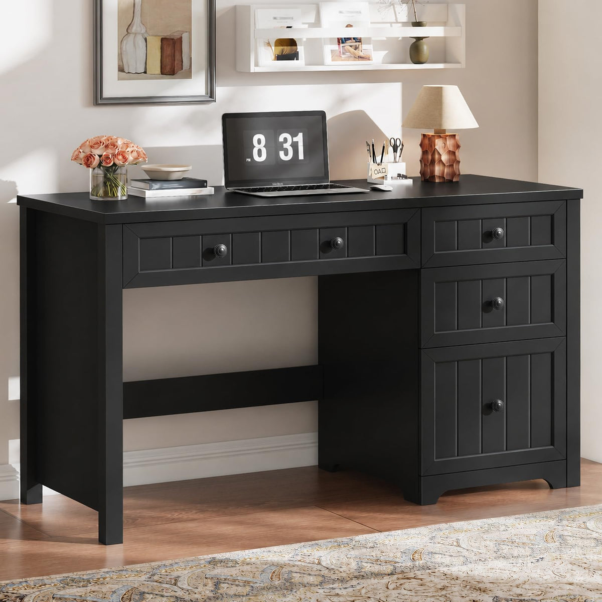 Vabches Farmhouse Desk with 4 Drawers, File Drawer, Wood Computer Desk, Pure Black