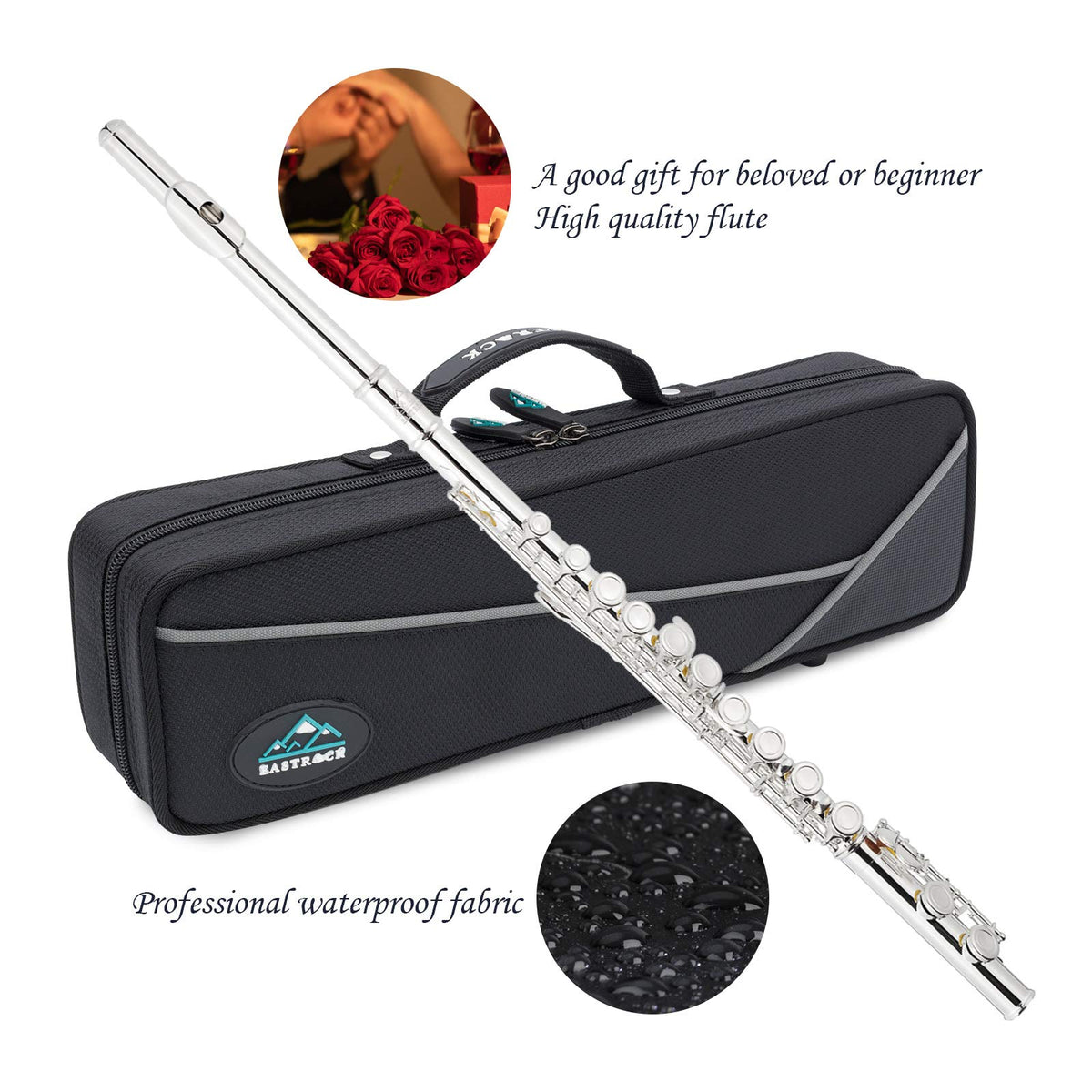 EastRock Closed Hole Flutes C 16 Key for Beginner, Kids, Student Silver Nickel Flute with Case Stand and Cleaning kit