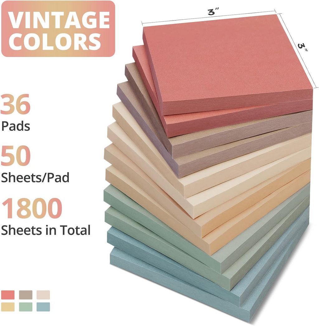 Vintage 3 x 3 Inch Lined Sticky Notes for Student Planning and Organization – 36 Pads, 1,800 Sheets