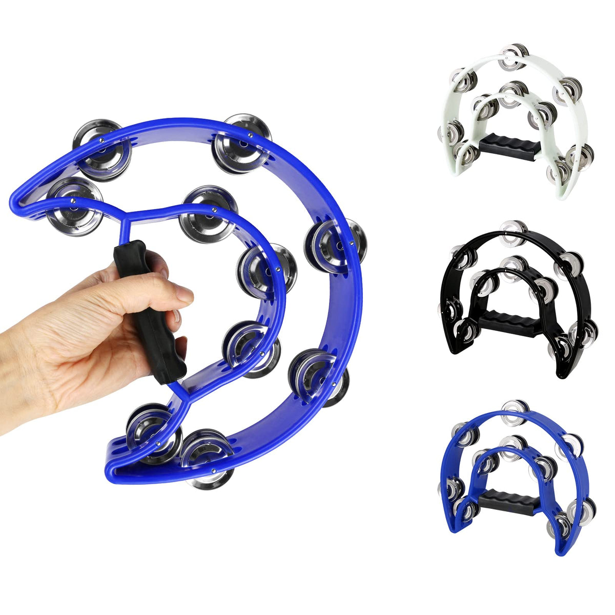 EastRock Double Row Tambourine 3 Pack Black Blue White Half Moon for adult
