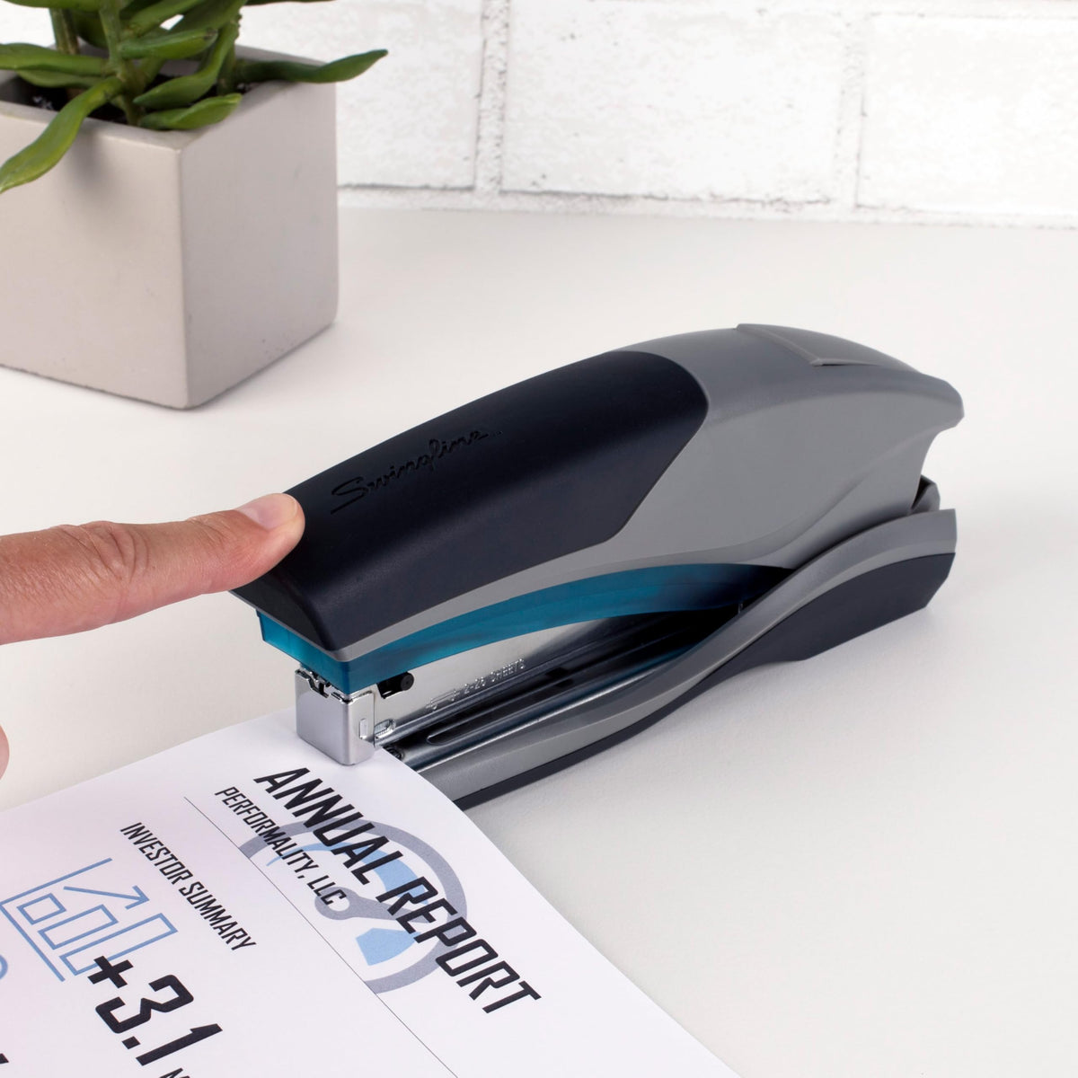 Swingline Stapler, 25 Sheet Capacity, Optima 25, Jam Free, Reduced Effort, Soft Grip, Blue and Gray