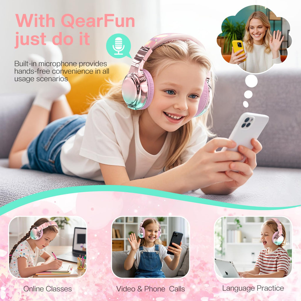 Pink Kids Bluetooth Headphones, 60H Playtime, 74/85/94dB Volume Limit